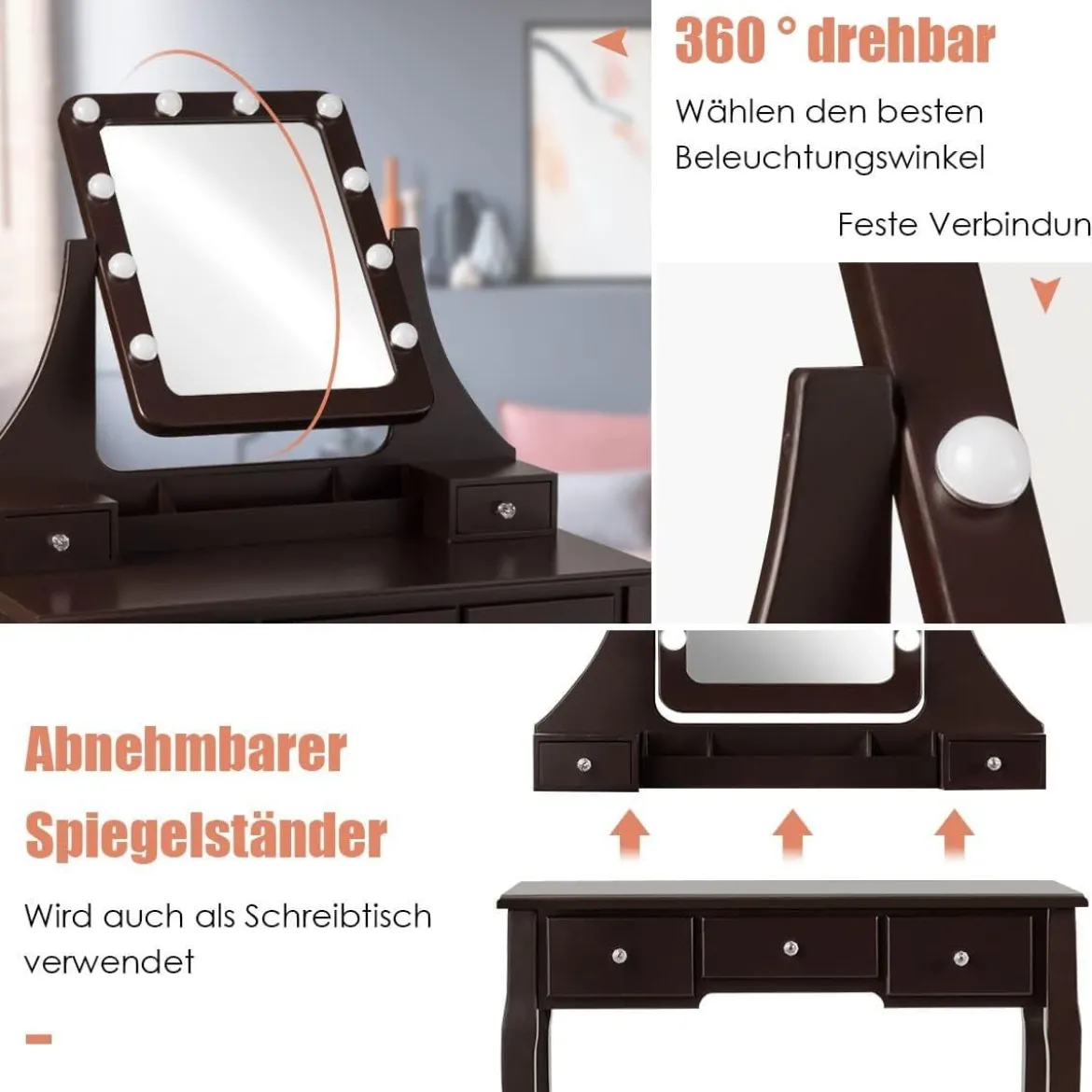 Schminktisch mit Hocker 360° drehbarem Spiegel und 10 dimmbaren LED-Birnen Kosmetiktisch Braun