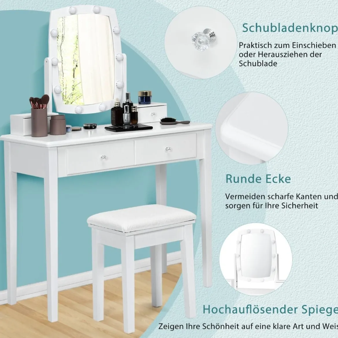 Schminktisch mit Hocker & 360° drehbarem Spiegel & 10 dimmbarenverstellbaren LED-Birnen Weiß