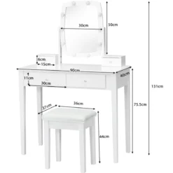 Schminktisch mit Hocker & 360° drehbarem Spiegel & 10 dimmbarenverstellbaren LED-Birnen Weiß
