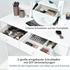Schminktisch mit Hocker & 360° drehbarem Spiegel & 10 dimmbarenverstellbaren LED-Birnen Weiß