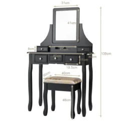 Schminktisch mit Hocker Frisiertisch-Set Kosmetiktisch mit 5 Schubladen und Spiegel Schwarz