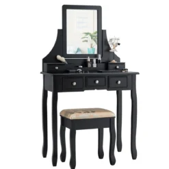 Schminktisch mit Hocker Frisiertisch-Set Kosmetiktisch mit 5 Schubladen und Spiegel Schwarz