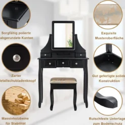 Schminktisch mit Hocker Frisiertisch-Set Kosmetiktisch mit 5 Schubladen und Spiegel Schwarz