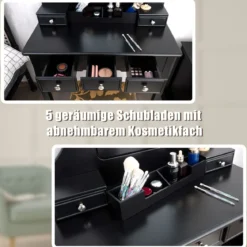 Schminktisch mit Hocker Frisiertisch-Set Kosmetiktisch mit 5 Schubladen und Spiegel Schwarz