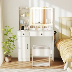 Schminktisch mit Hocker & LED-Spiegel & Steckdosen Frisierttisch-Set Kosmetiktisch Weiß