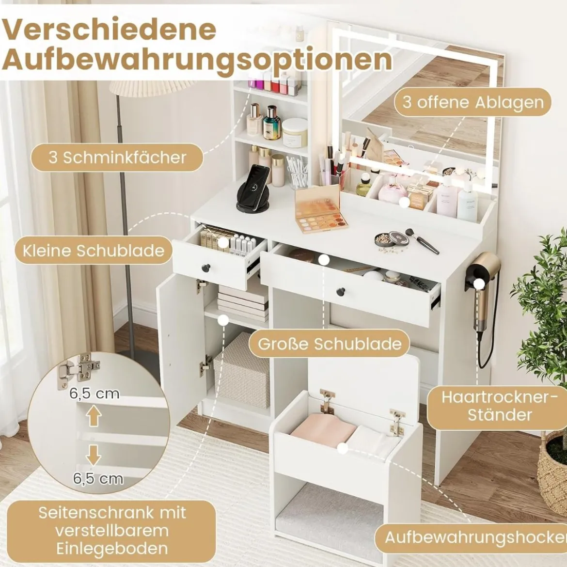 Schminktisch mit Hocker & LED-Spiegel & Steckdosen Frisierttisch-Set Kosmetiktisch Weiß