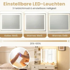 Schminktisch mit Hocker & LED-Spiegel & Steckdosen Frisierttisch-Set Kosmetiktisch Weiß