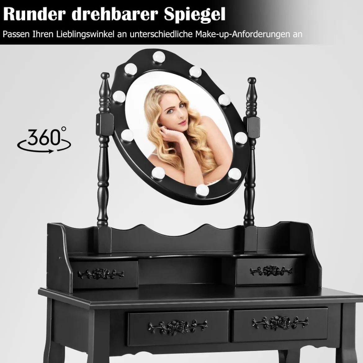 Schminktisch mit Hocker Spiegel & 10 dimmbaren LED-Birnen 75 x 40 x 146 cm Schwarz