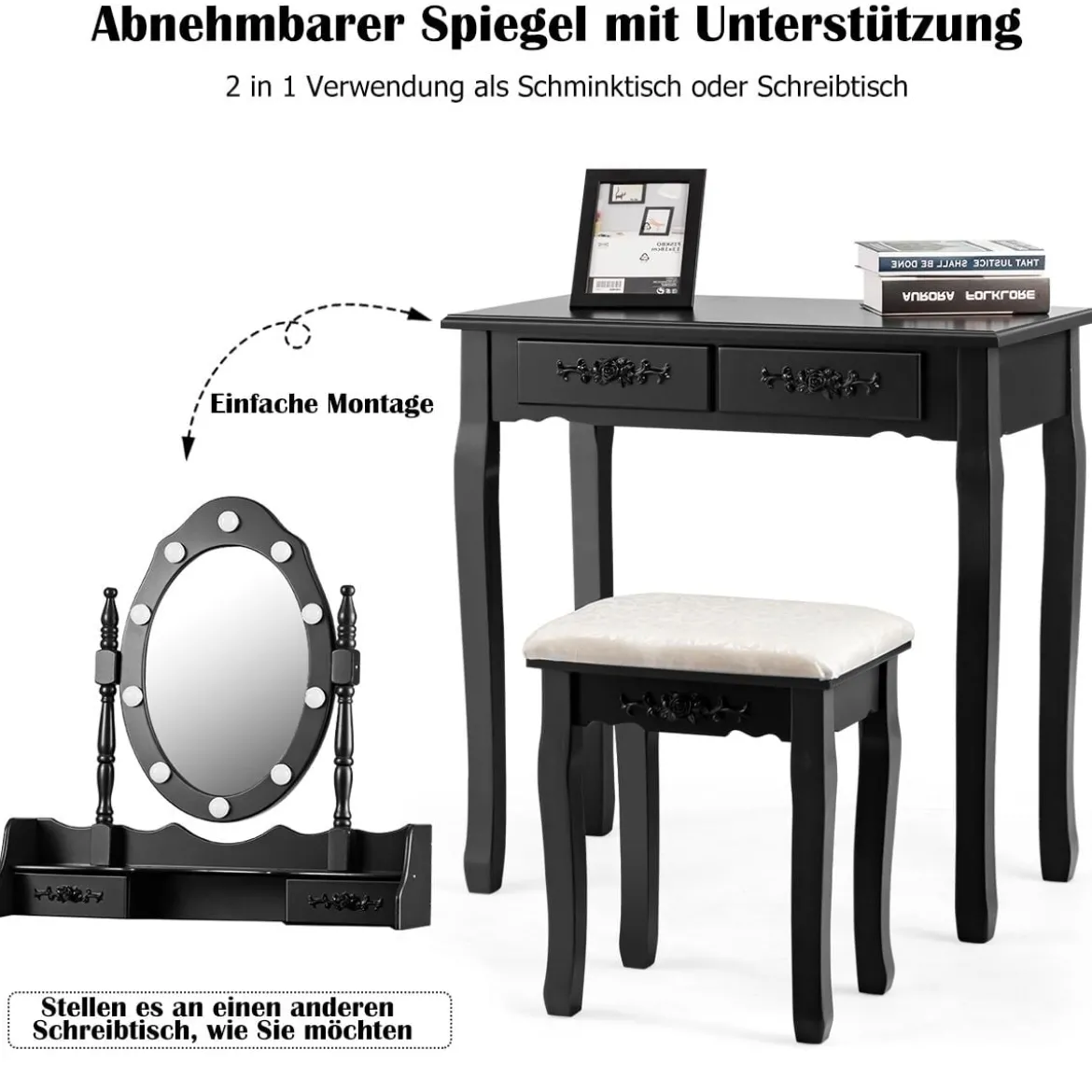 Schminktisch mit Hocker Spiegel & 10 dimmbaren LED-Birnen 75 x 40 x 146 cm Schwarz