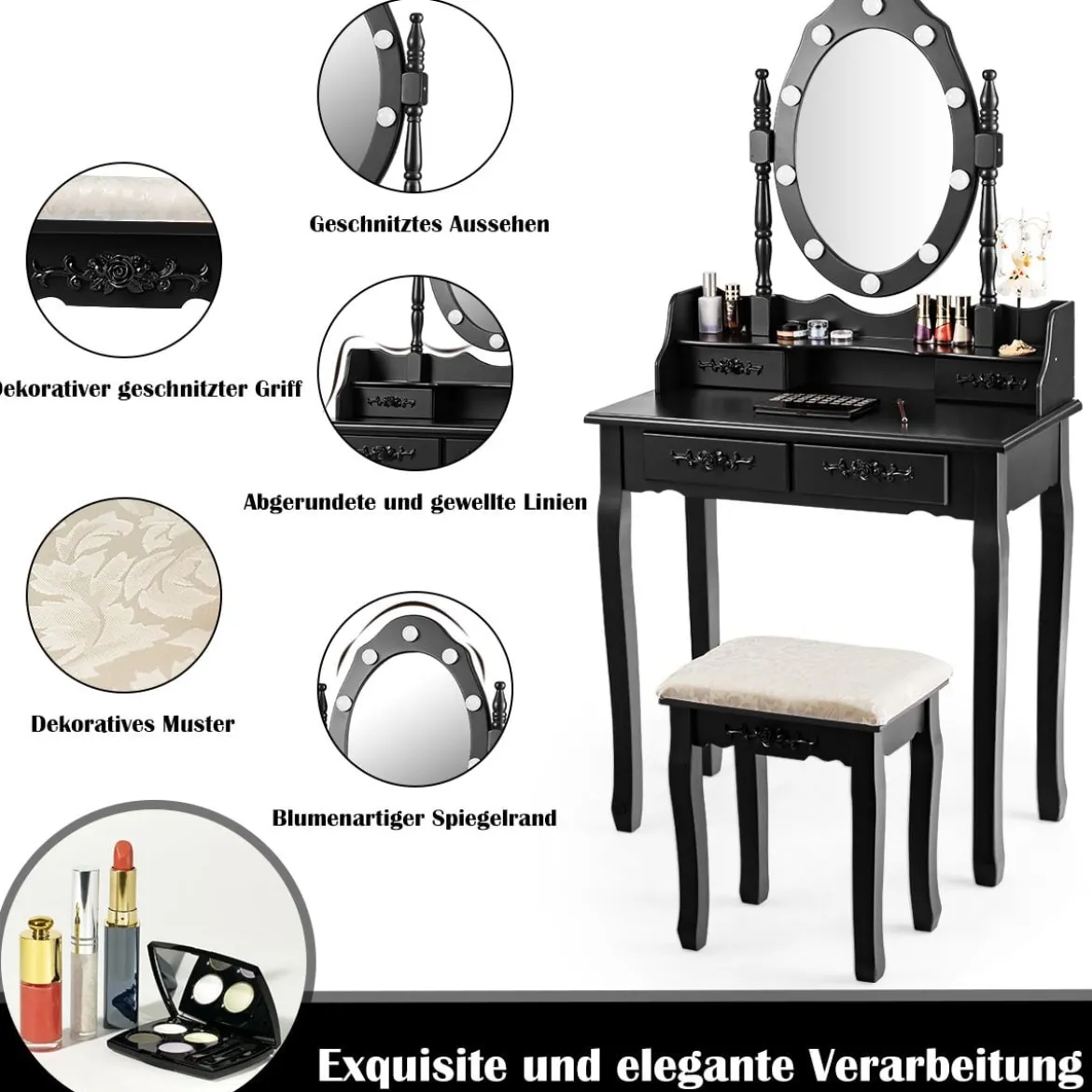 Schminktisch mit Hocker Spiegel & 10 dimmbaren LED-Birnen 75 x 40 x 146 cm Schwarz
