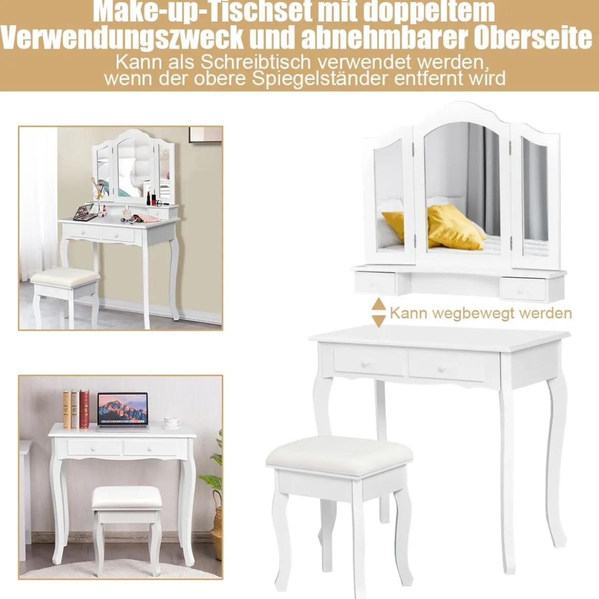 Schminktisch mit Hocker & 3-teiligem Klappbarem Spiegel & 4 Schubladen Frisiertisch Weiß