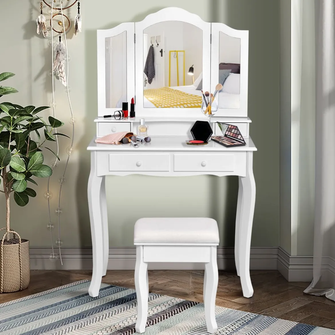 Schminktisch mit Hocker & 3-teiligem Klappbarem Spiegel & 4 Schubladen Frisiertisch Weiß