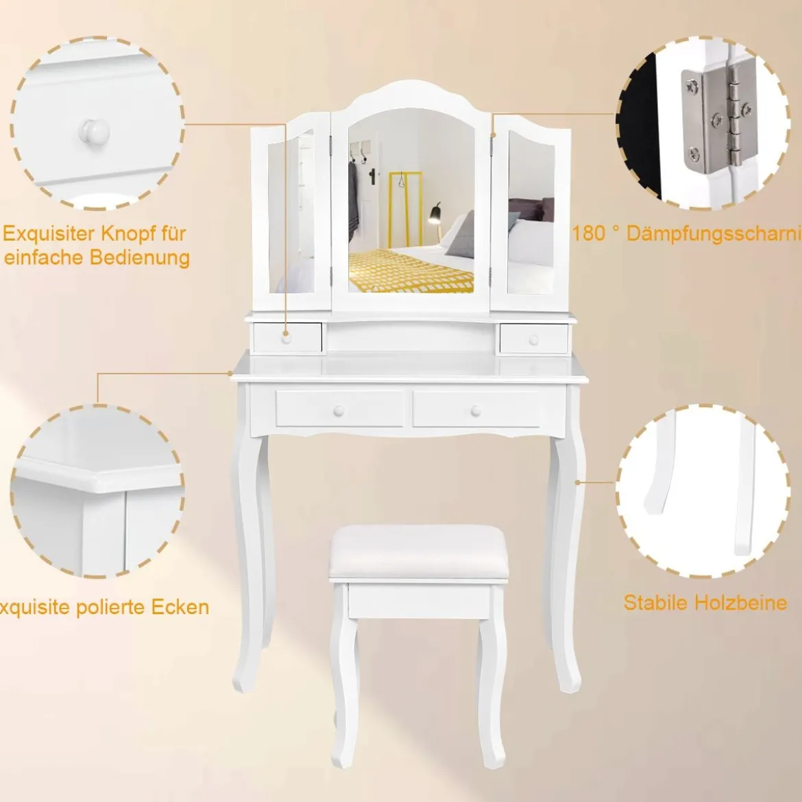 Schminktisch mit Hocker & 3-teiligem Klappbarem Spiegel & 4 Schubladen Frisiertisch Weiß