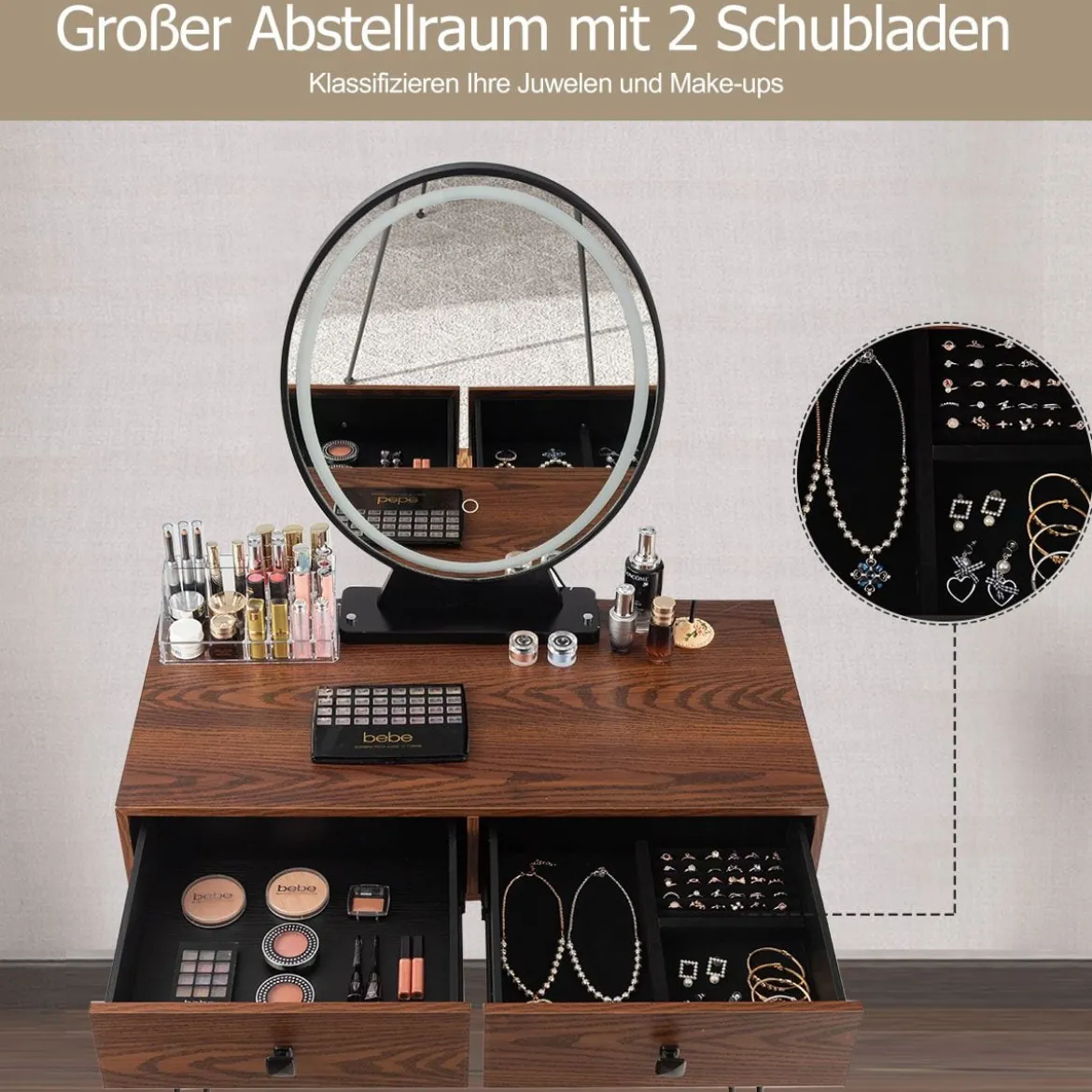 Schminktisch mit Hocker und Schubladen Frisiertisch-Set mit Spiegel und Acrylbox 80 x 40 x 136 cm Braun