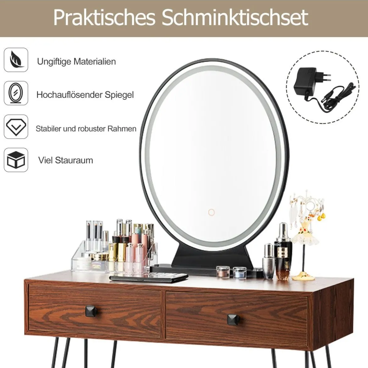 Schminktisch mit Hocker und Schubladen Frisiertisch-Set mit Spiegel und Acrylbox 80 x 40 x 136 cm Braun