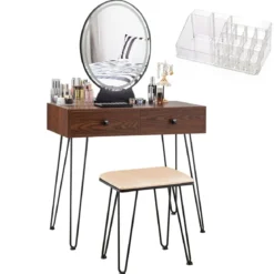 Schminktisch mit Hocker und Schubladen Frisiertisch-Set mit Spiegel und Acrylbox 80 x 40 x 136 cm Braun