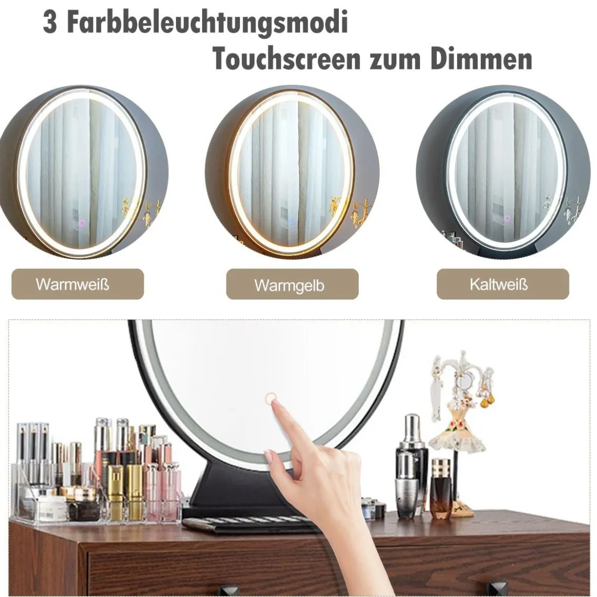 Schminktisch mit Hocker und Schubladen Frisiertisch-Set mit Spiegel und Acrylbox 80 x 40 x 136 cm Braun