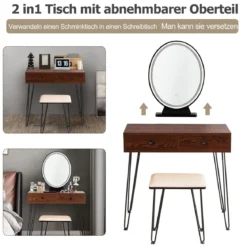 Schminktisch mit Hocker und Schubladen Frisiertisch-Set mit Spiegel und Acrylbox 80 x 40 x 136 cm Braun