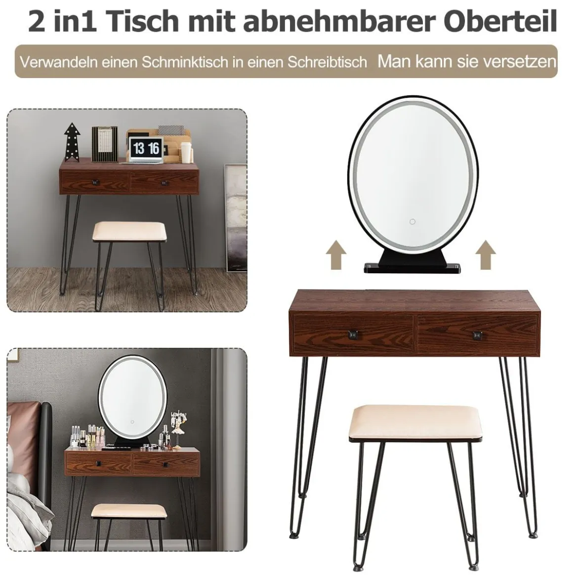 Schminktisch mit Hocker und Schubladen Frisiertisch-Set mit Spiegel und Acrylbox 80 x 40 x 136 cm Braun