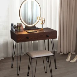 Schminktisch mit Hocker und Schubladen Frisiertisch-Set mit Spiegel und Acrylbox 80 x 40 x 136 cm Braun