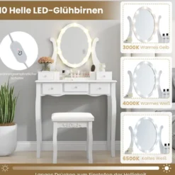 Schminktisch mit LED-Beleuchtung 3 Farben mit Einstellbarer Helligkeit Frisiertisch mit Hocker Weiß