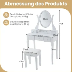 Schminktisch mit LED-Beleuchtung 3 Farben mit Einstellbarer Helligkeit Frisiertisch mit Hocker Weiß