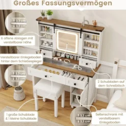 Schminktisch mit LED-Beleuchtung 3 Farben mit Einstellbarer Helligkeit Kosmetiktisch Weiß
