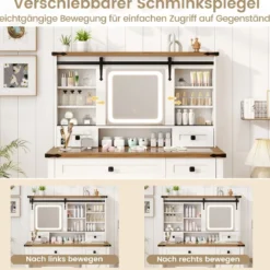 Schminktisch mit LED-Beleuchtung 3 Farben mit Einstellbarer Helligkeit Kosmetiktisch Weiß