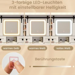 Schminktisch mit LED-Beleuchtung 3 Farben mit Einstellbarer Helligkeit Kosmetiktisch mit Schiebespiegel Weiß