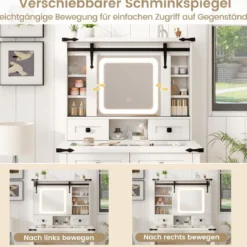 Schminktisch mit LED-Beleuchtung 3 Farben mit Einstellbarer Helligkeit Kosmetiktisch mit Schiebespiegel Weiß