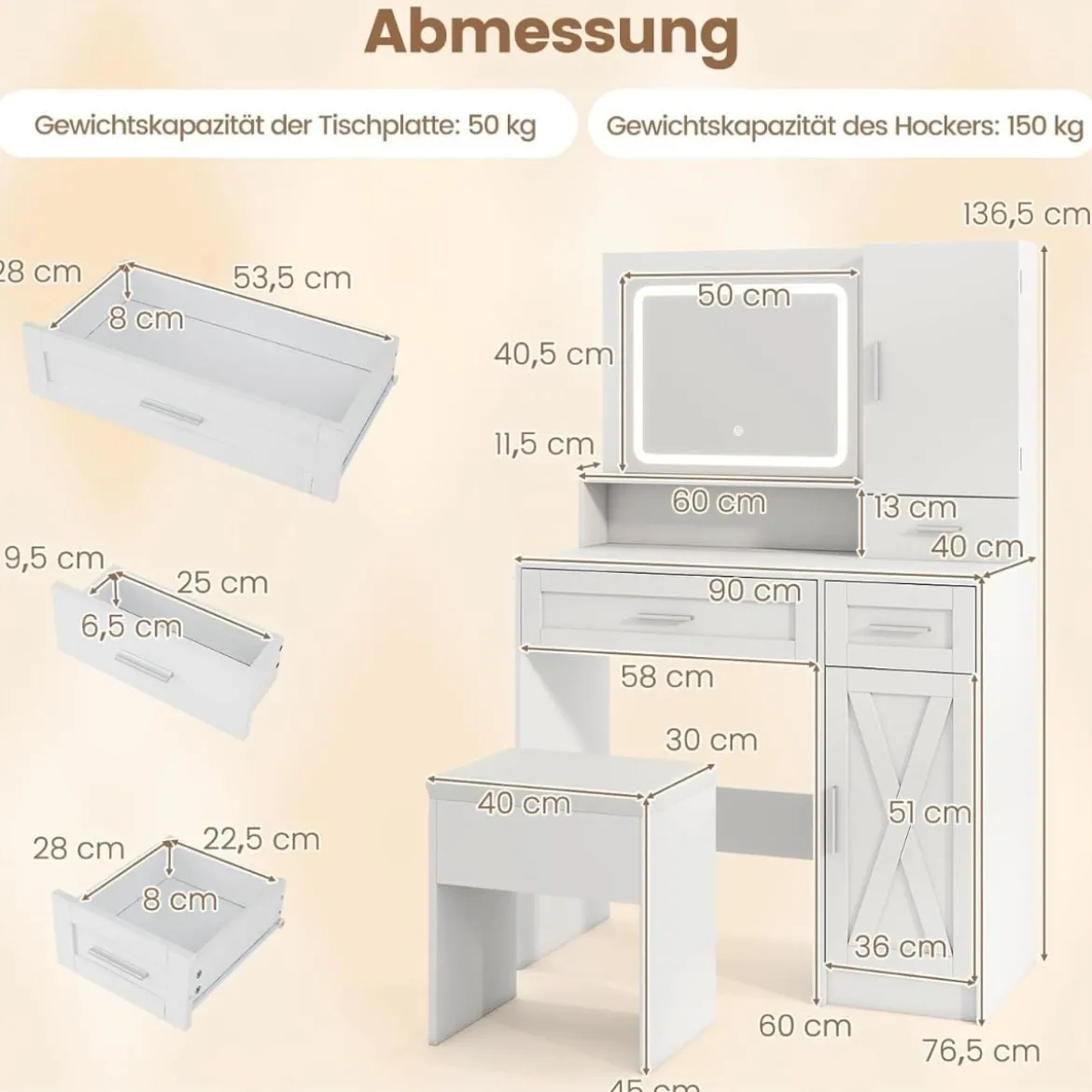 Schminktisch mit LED-Beleuchtung & Ladestation & Hocker Schmuckschrank Frisiertisch