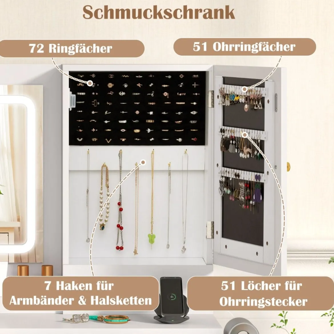 Schminktisch mit LED-Beleuchtung & Ladestation & 3 Schubladen Schmuckschrank Frisiertisch