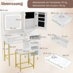 Schminktisch mit LED-Beleuchtung & Ladestation & 3 Schubladen Schmuckschrank Frisiertisch