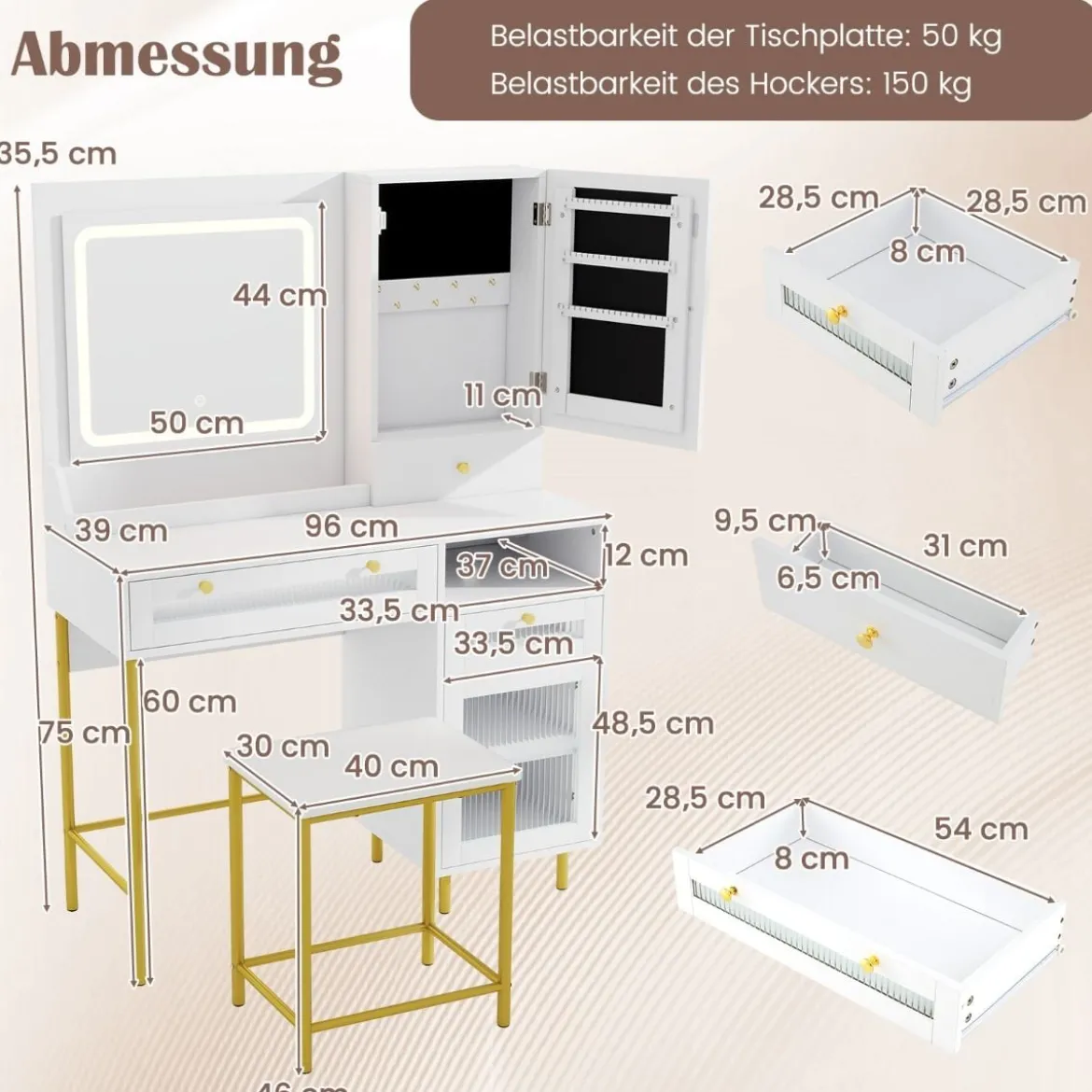 Schminktisch mit LED-Beleuchtung & Ladestation & 3 Schubladen Schmuckschrank Frisiertisch
