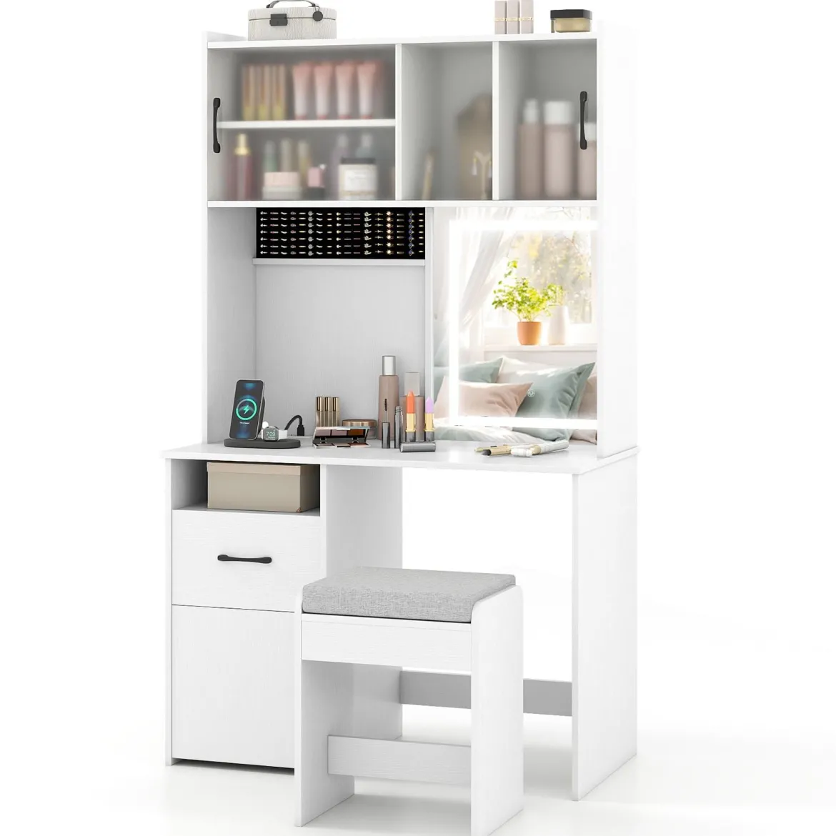 Schminktisch mit LED Beleuchtung & Hocker & Steckdosen Frisiertisch Kosmetiktisch Weiß