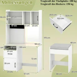 Schminktisch mit LED Beleuchtung & Hocker & Steckdosen Frisiertisch Kosmetiktisch Weiß