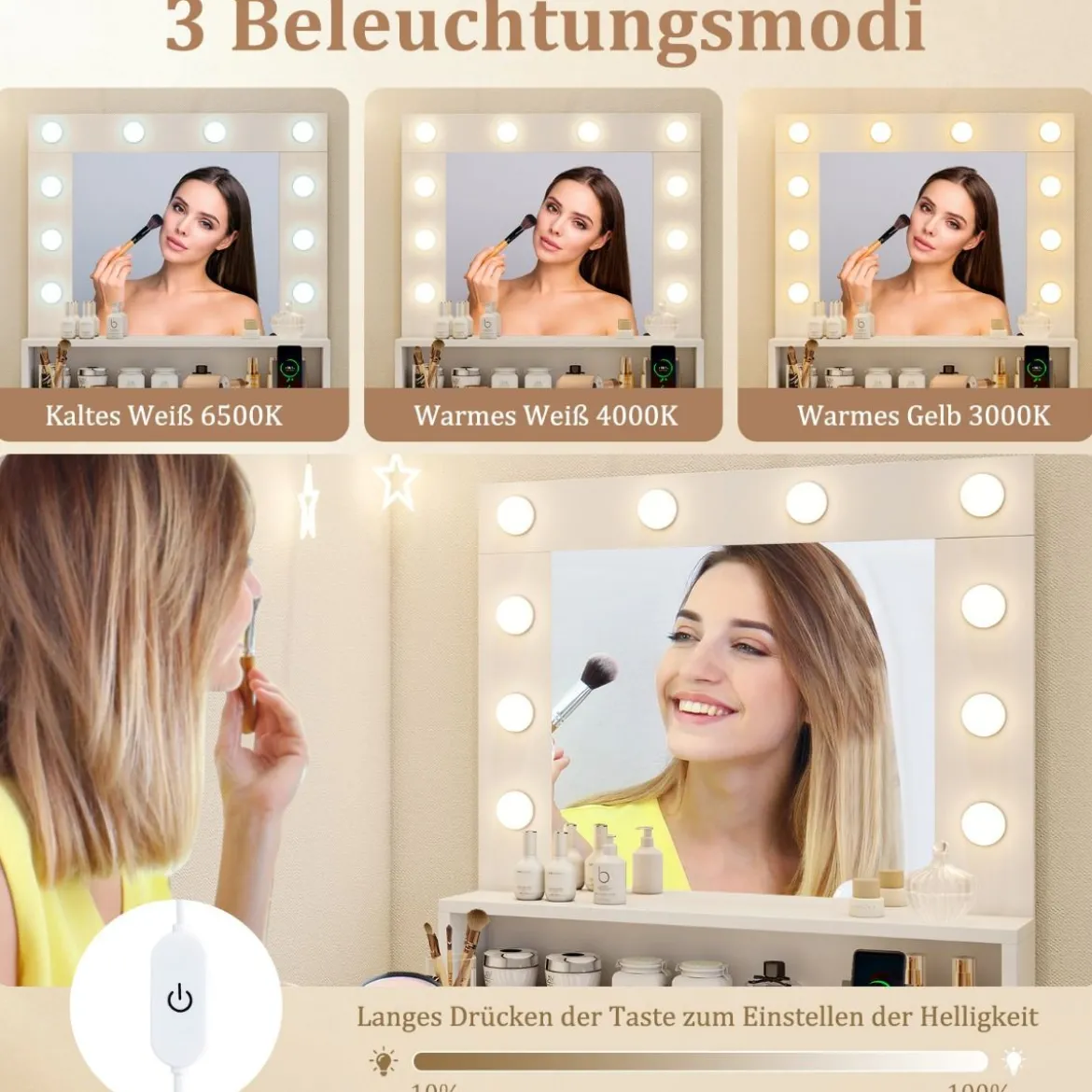 Schminktisch mit LED-Beleuchtung einstellbare Helligkeit Frisiertisch mit Spiegel Weiß