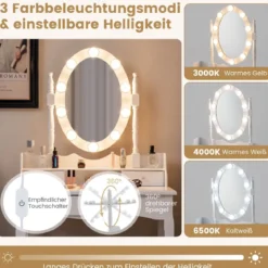 Schminktisch mit LED-Beleuchtung einstellbare Helligkeit Frisiertisch mit 3 Schubladen Weiß