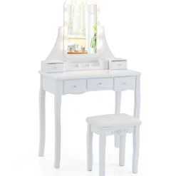 Schminktisch mit LED-Beleuchtung & 5 Schubladen & Hocker Frisiertisch Kosmetiktisch Weiß