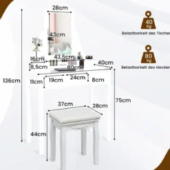 Schminktisch mit LED-Beleuchtung & 5 Schubladen & Hocker Frisiertisch Kosmetiktisch Weiß