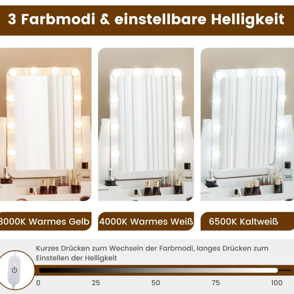 Schminktisch mit LED-Beleuchtung & 5 Schubladen & Hocker Frisiertisch Kosmetiktisch Weiß