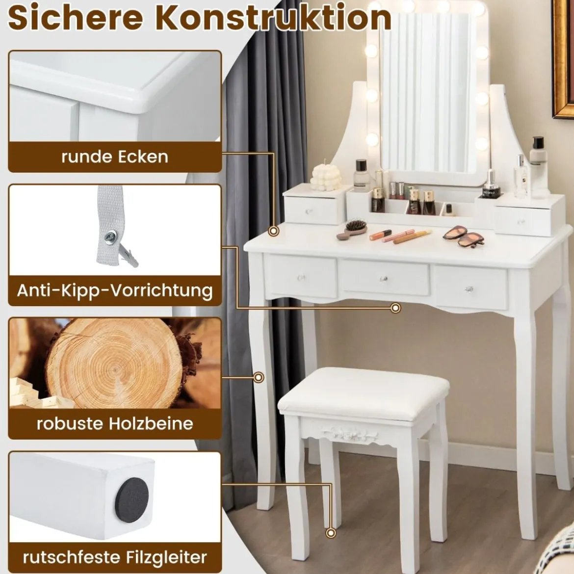 Schminktisch mit LED-Beleuchtung & 5 Schubladen & Hocker Frisiertisch Kosmetiktisch Weiß