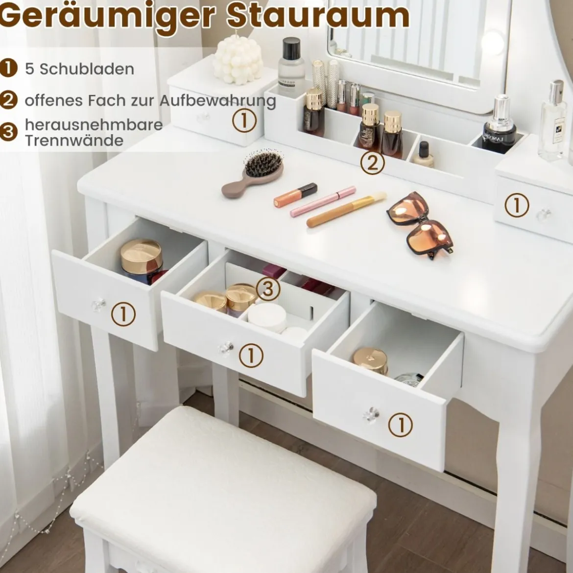 Schminktisch mit LED-Beleuchtung & 5 Schubladen & Hocker Frisiertisch Kosmetiktisch Weiß