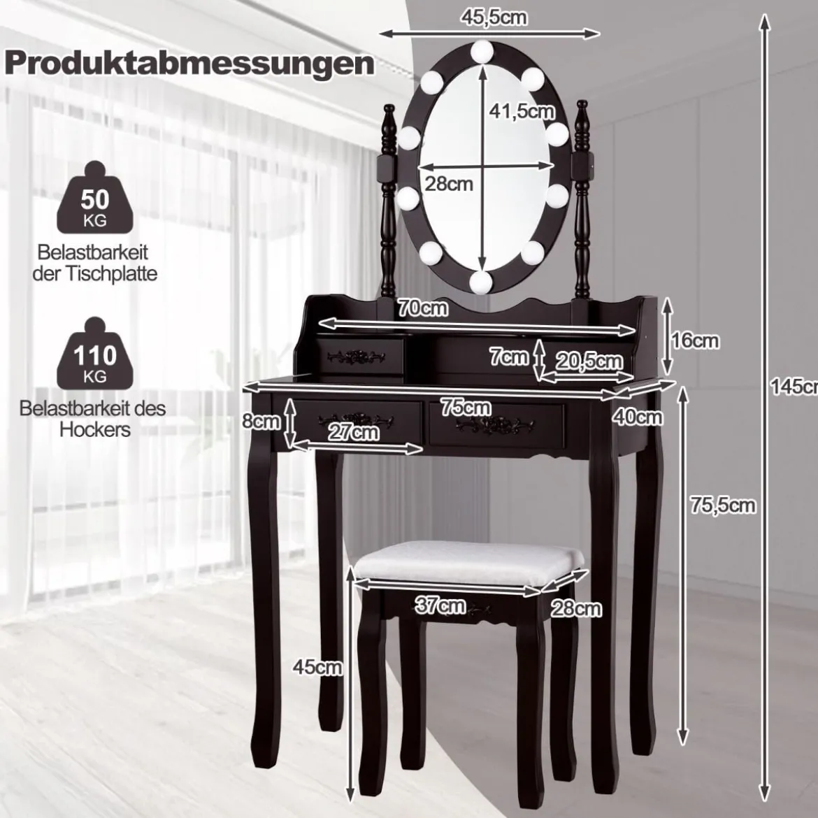 Schminktisch mit LED-Beleuchtung einstellbare Helligkeit Frisiertisch mit 4 Schubladen Schwarz