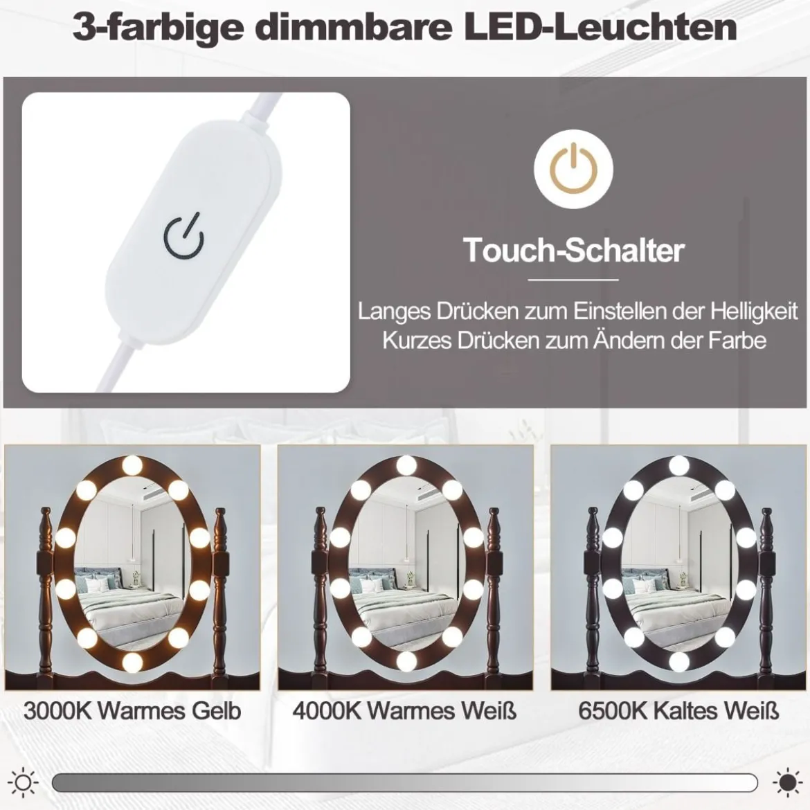 Schminktisch mit LED-Beleuchtung einstellbare Helligkeit Frisiertisch mit 4 Schubladen Schwarz