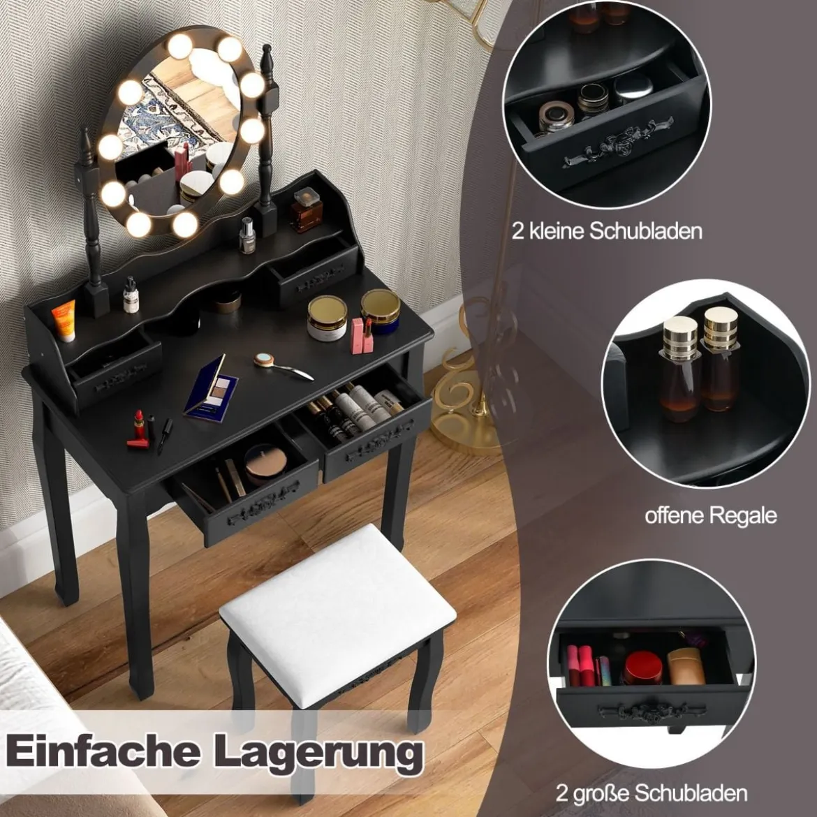 Schminktisch mit LED-Beleuchtung einstellbare Helligkeit Frisiertisch mit 4 Schubladen Schwarz