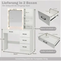 Schminktisch mit LED-Beleuchtung 3 Farben mit Einstellbarer Helligkeit Frisiertisch Weiß
