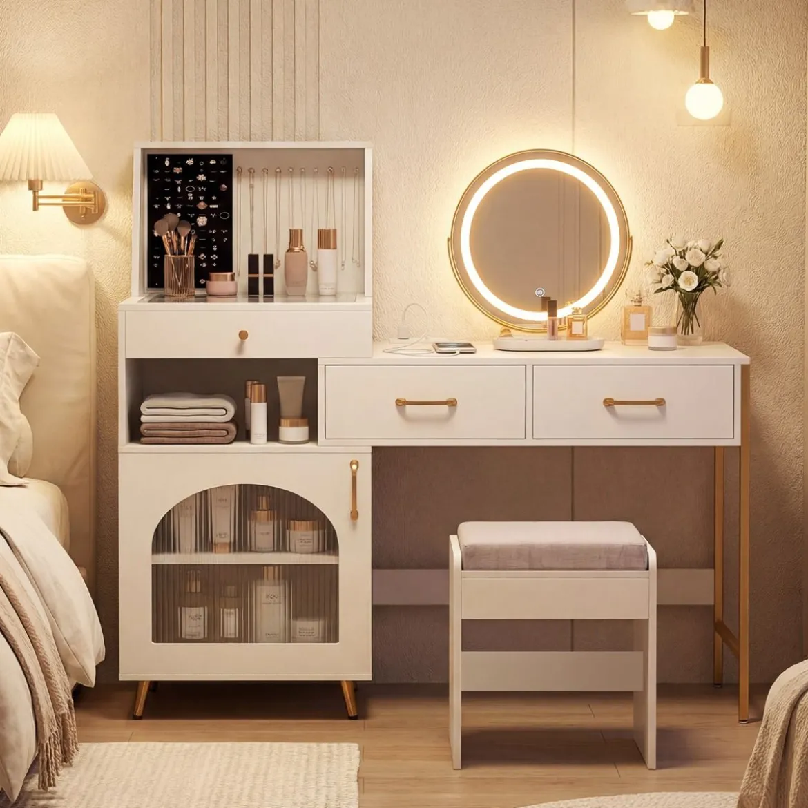 Schminktisch mit LED Spiegel & Hocker & Steckdosen & Schubladen & 120 Ringhalterungen Kosmetiktisch
