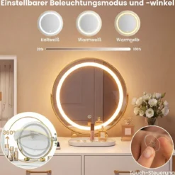 Schminktisch mit LED Spiegel & Hocker & Steckdosen & Schubladen & 120 Ringhalterungen Kosmetiktisch