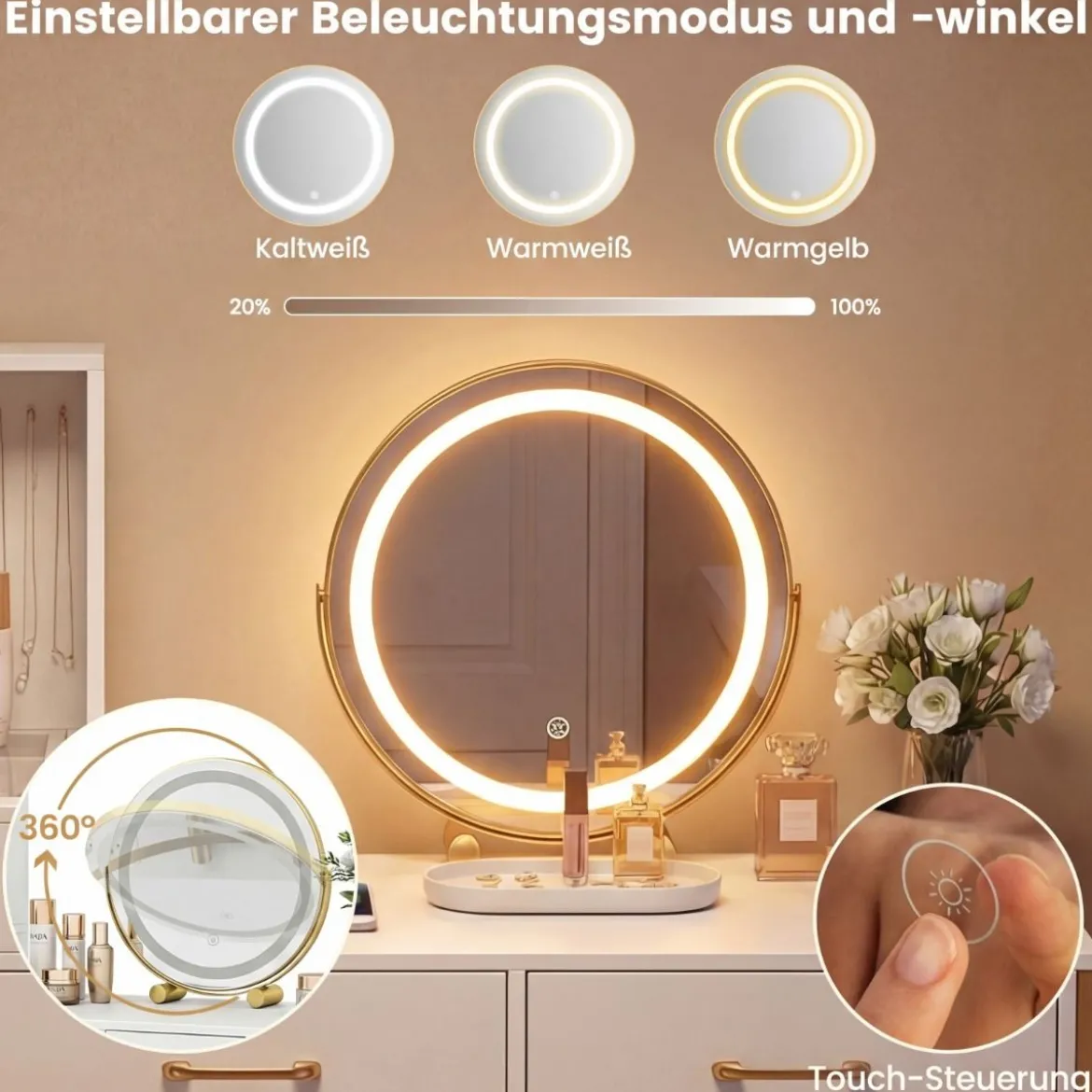 Schminktisch mit LED Spiegel & Hocker & Steckdosen & Schubladen & 120 Ringhalterungen Kosmetiktisch